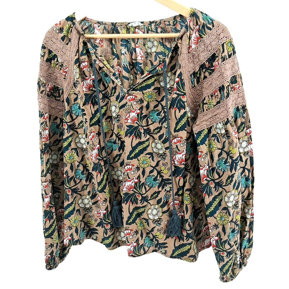 Anthropologie Eze Sur Mer Dark Floral Peasant Top Womens‎ Sz M Lace Boho Cottage